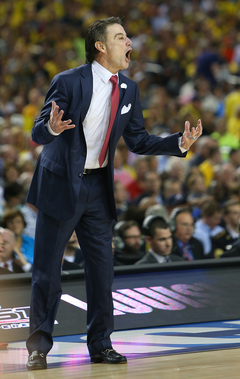 Head coach Rick Pitino of the Louisville Cardinals reacts from the sideline during the game against the Wichita State Shockers.