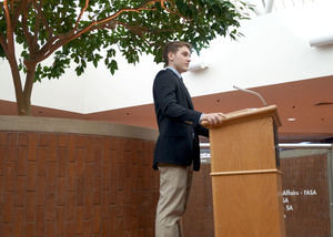 Charlie Mastoloni, a junior policy studies and political science dual major, announced his candidacy for Student Association president alongside his running mate Jessica Brosofsky on Monday in the Schine Student Center.