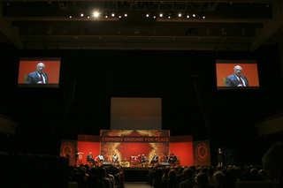 A wide look at the stage set in Goldstein Auditorium for the 