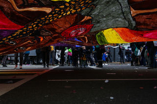 A young boy helps marchers lift up a parachute during the Women's March on Washington.